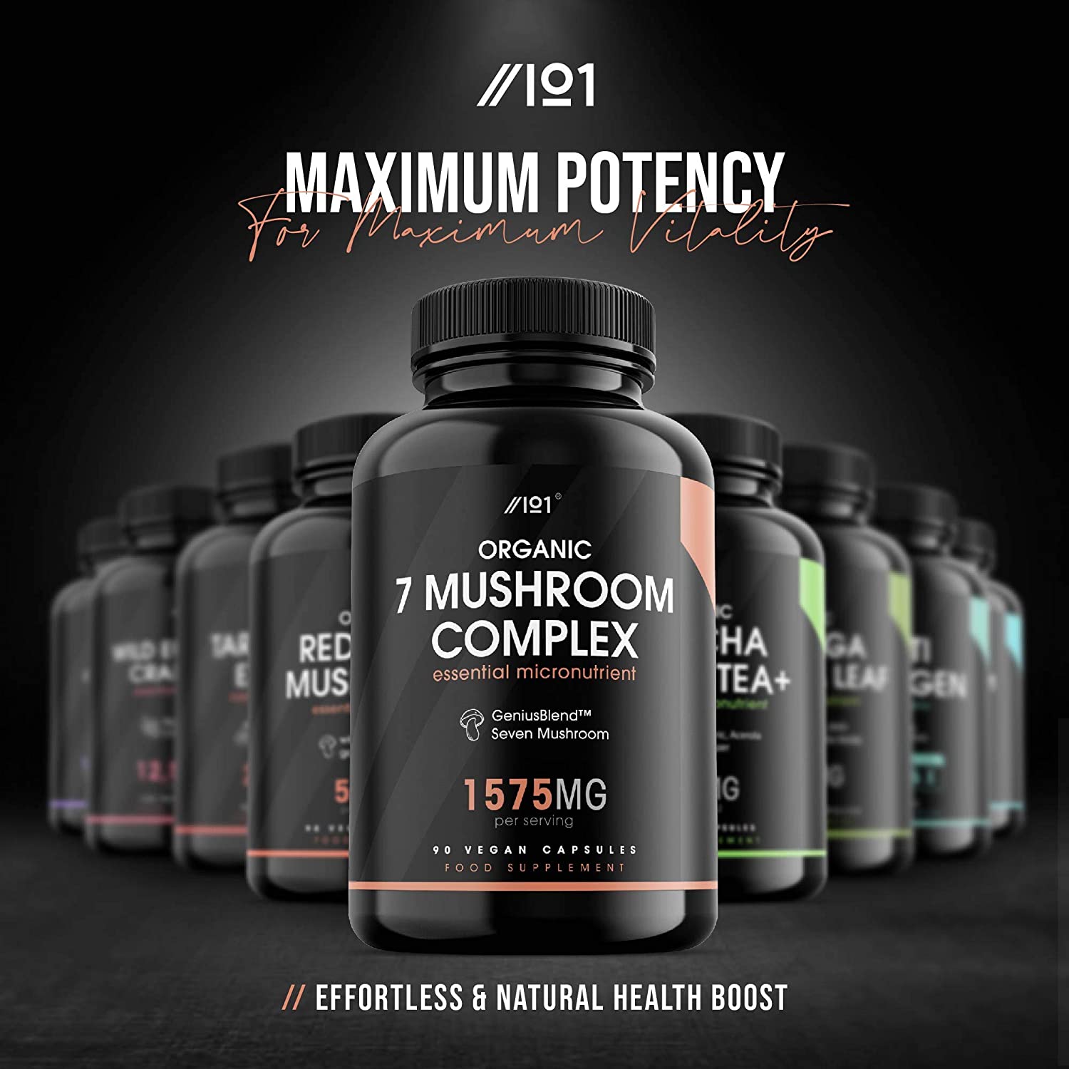 ALPHA01 Organic Seven Mushroom Complex Capsules - 1575mg - GeniusBlend® Synergistic Formula, 90 Vegan Capsules - No Additives — Non-GMO, Gluten Free خليط من سبع فطريات عيش الغراب العضوى 1575 مجم ، بدون إضافات ، 90 كبسولة نباتية - Image 5