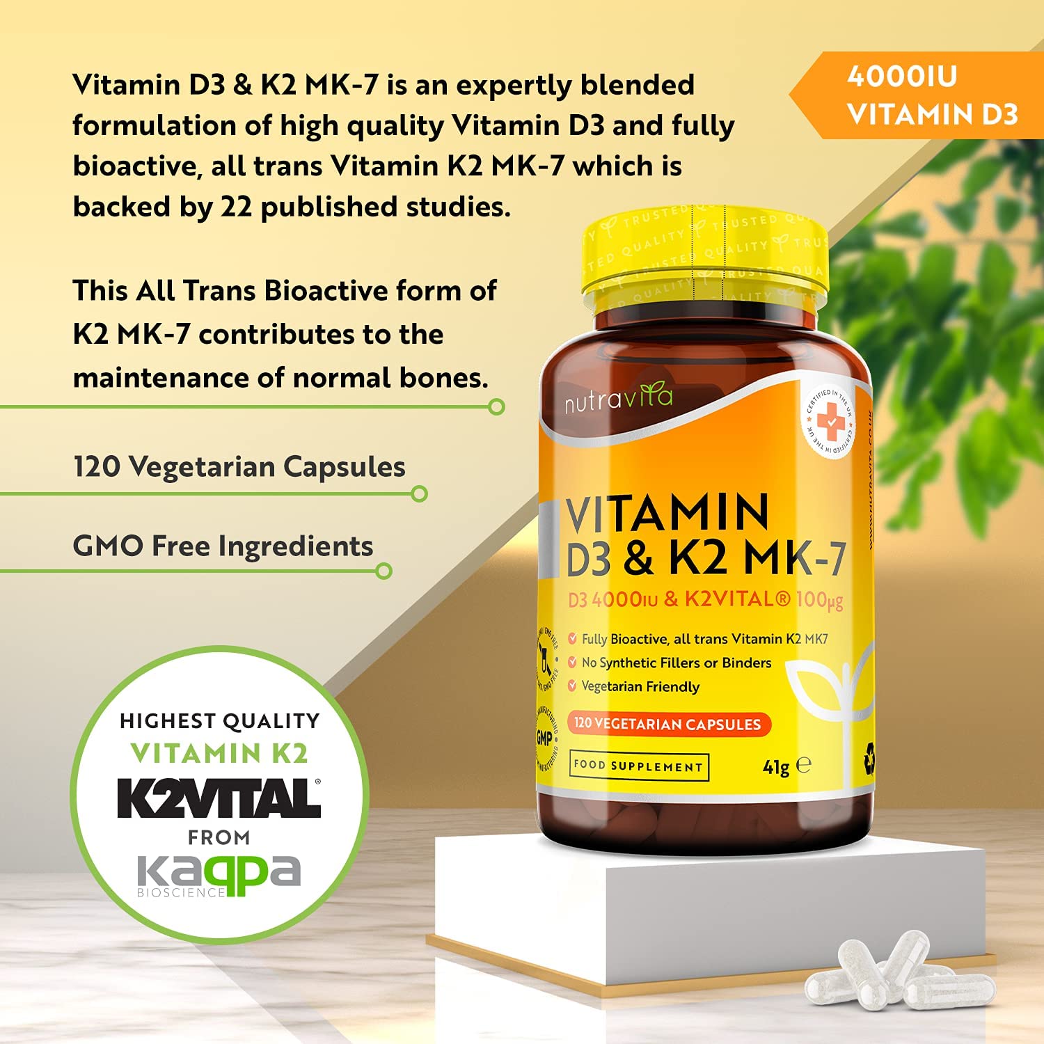 Nutravita Vitamin D3 4000 IU & Vitamin K2 100ug MK7 (K2VITAL®️) - Clinically Proven Ingredients – Max Strength - 120Capsules – Supports Normal Immune System – Cholecalciferol & Menaquinone-7 – Made in The UK - Image 9