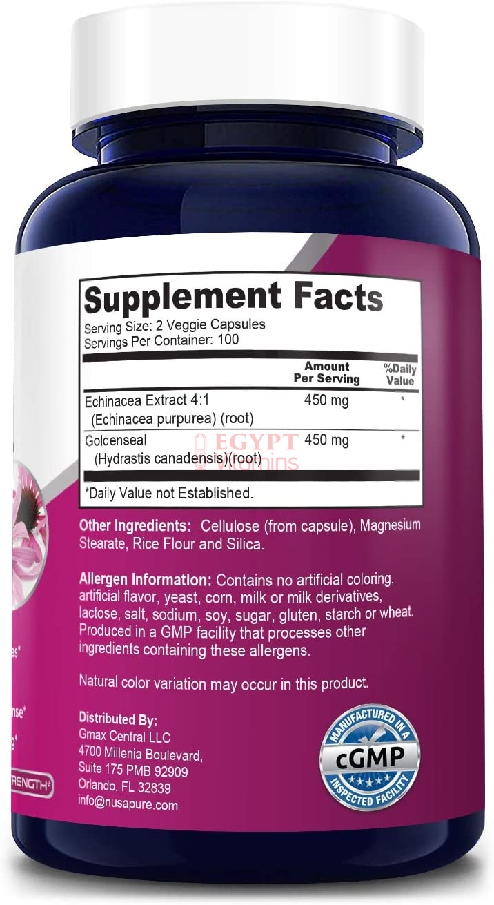 Nusapure Echinacea Goldenseal 900mg, Supports Healthy Immune Function,200 Capsules جولدنسيل اشنسيا 900 مجم ، 200 كبسولة نباتية ، لصحة وظائف الجهاز المناعى - Image 5