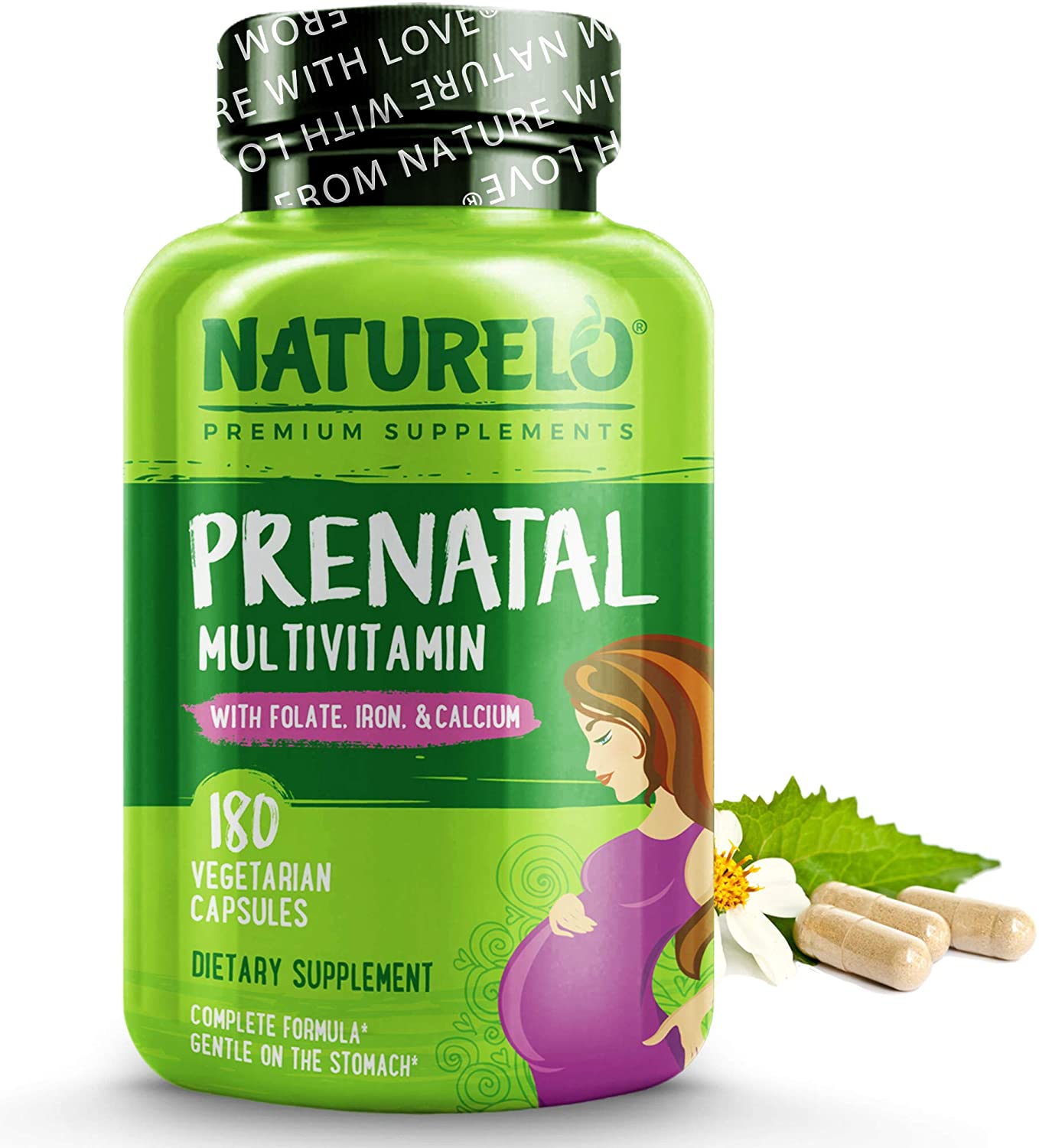 NATURELO Prenatal Multivitamin with DHA, Natural Iron, Folate, Plant Calcium -180 Capsules