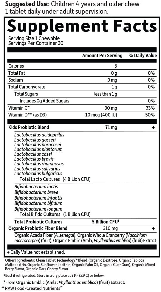 ingredients of Garden of Life Dr. Formulated Probiotics Organic Kids 30 Chews