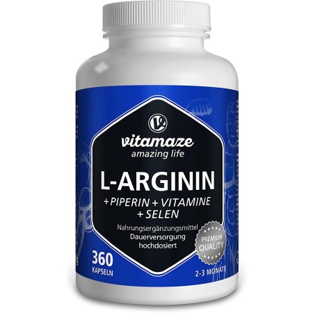 Vitamaze L-arginine, with B6, B12, folic acid, selenium and piperine, pre-workout ,360 capsules خليط من الأرجينين مع فيتامين ب6 و ب 12 وحمض الفوليك والسيلينيوم 360 كبسولة