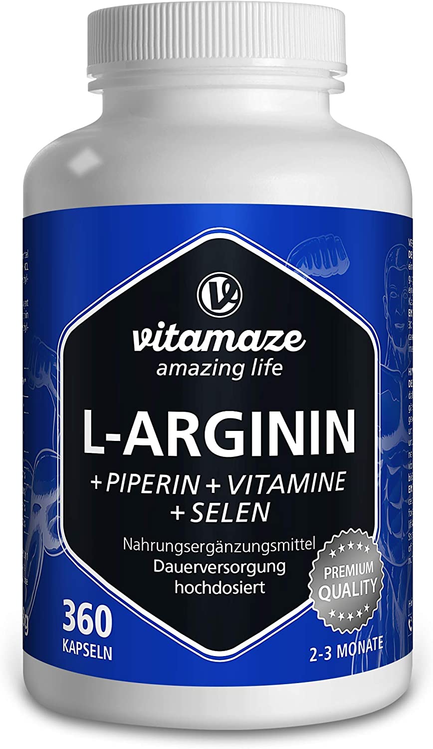 Vitamaze L-arginine, with B6, B12, folic acid, selenium and piperine, pre-workout ,360 capsules خليط من الأرجينين مع فيتامين ب6 و ب 12 وحمض الفوليك والسيلينيوم 360 كبسولة