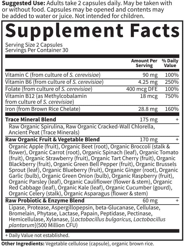 Garden of Life Vitamin Code Iron Supplement, Healthy Blood - 60 Vegan Capsules, 28g Iron, Vitamins B, C, Trace Minerals, Fruit Veggies & Probiotics, Iron Supplements for Women Energy & Anemia Support جاردن اوف لايف فيتامين كود لصحة الدم حديد وفيتامين ب وفيتامين سي ومعادن ومستخلص الفاكهه العضوية والبروبيوتك لدعم الطاقة ولعلاج فقر الدم 60 كبسولة نباتية - Image 5