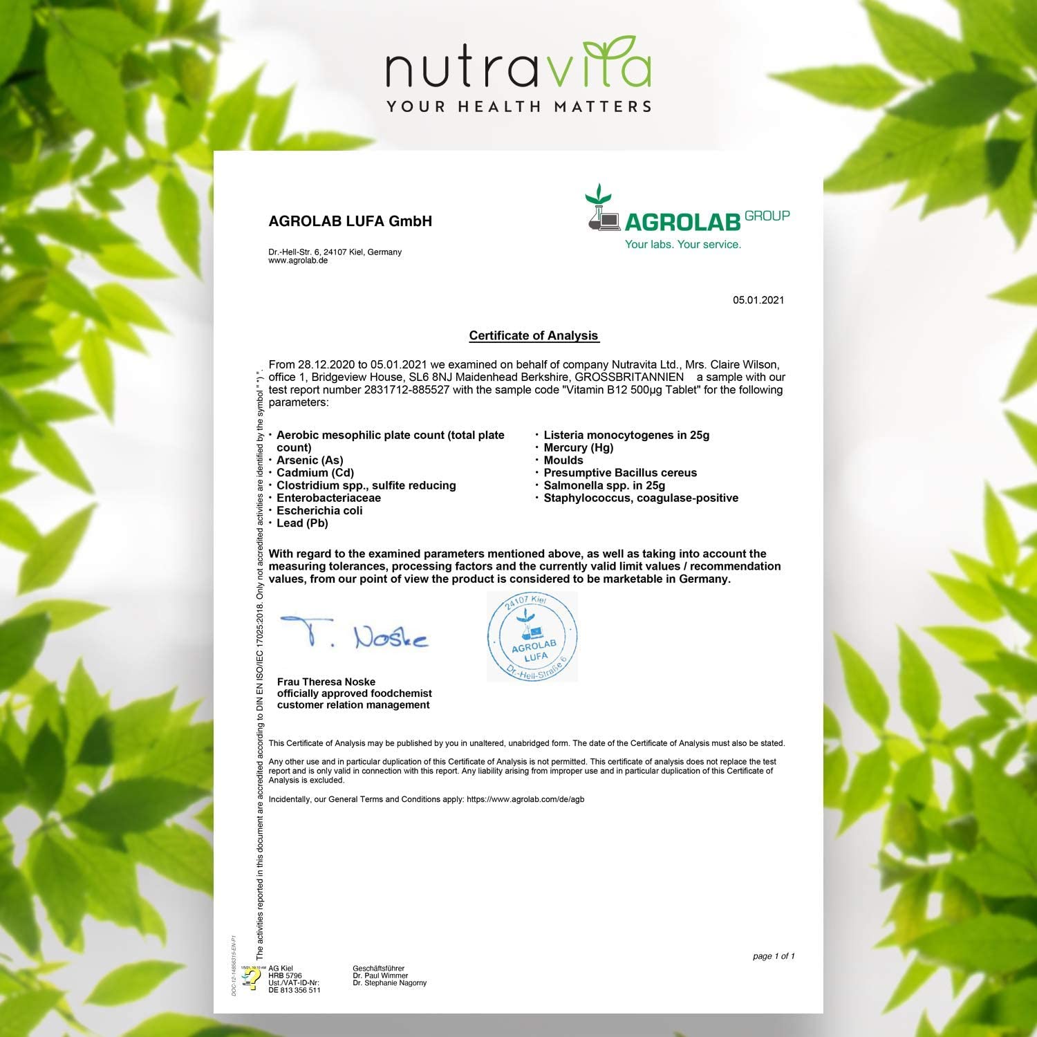 Nutravita Vitamin B12 500mcg - 365 tablets (1 year supply) of vegan methylcobalamin - tested and certified in Germany - helps reduce fatigue <BR/>فيتامين ب12 ، 500 ميكروجرام للحباية لصحة الجهاز العصبى وتقليل التعب 365 حباية - Image 5