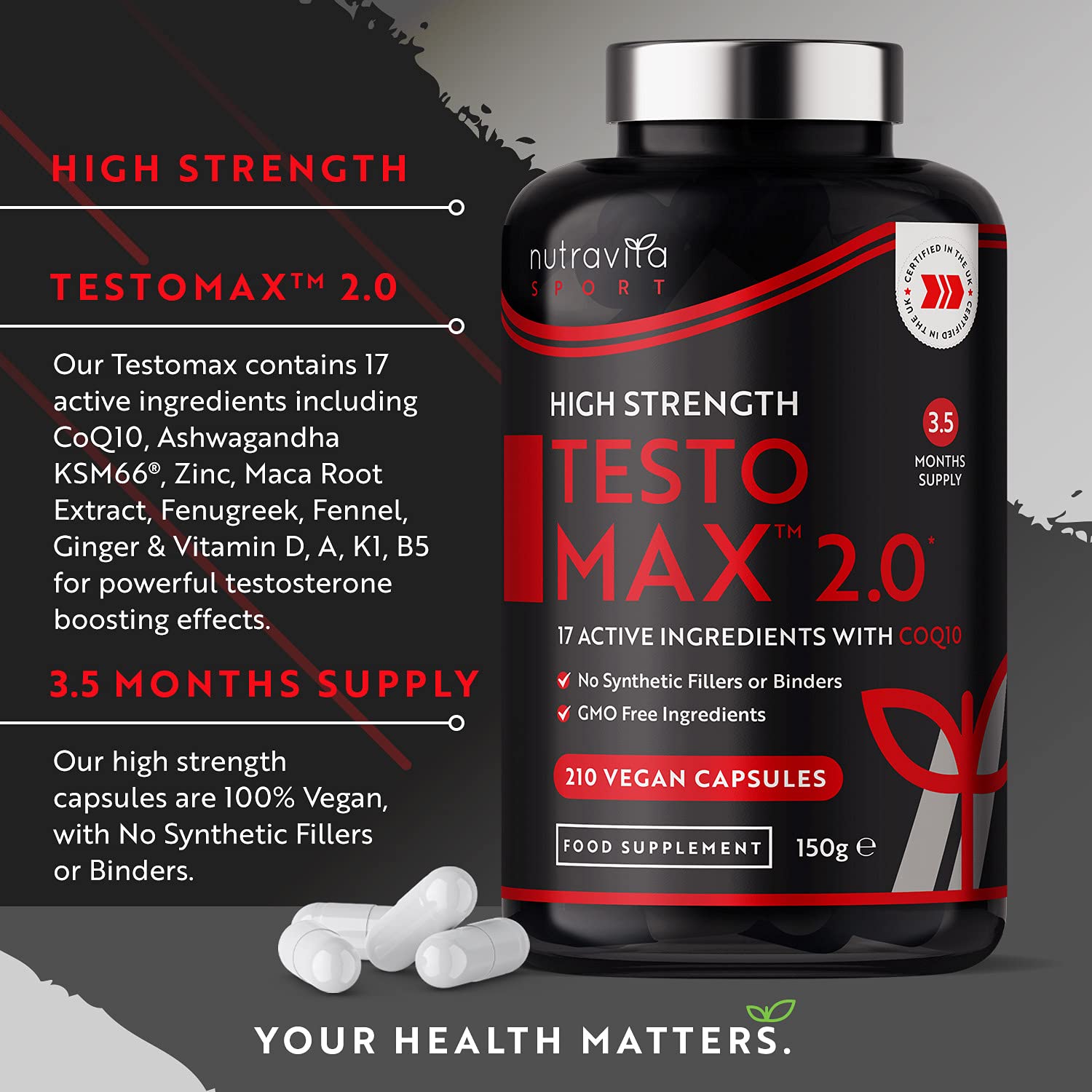Nutravita sport TESTOMAX Testosterone Booster for Men - 210 Vegan Capsules - 1450mg per Serving - Testosterone Booster - 17 Active Ingredients Incl. Ashwagandha KSM 66®, CoQ10, Maca Root - Image 3