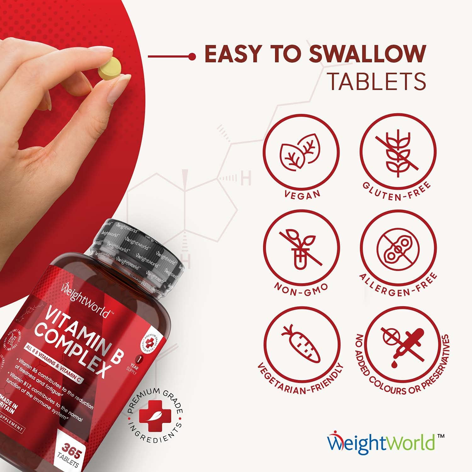 Weightworld Vitamin B Complex High Strength - 365 Vegan Multivitamin Tablets, 8 B Vitamins in 1 - Vitamin B12 , B1, B2, B3, B5, B6, Folic Acid, Biotin & Vitamin C - Gluten Free B Vitamin Complex, Made in UK - Image 5