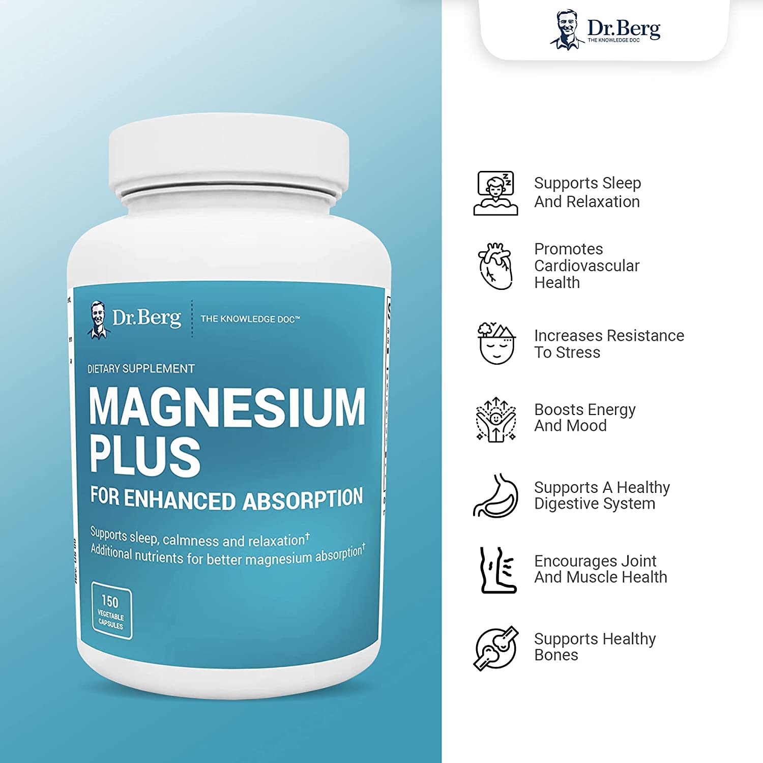 Dr. Berg's Magnesium Plus Magnesium Glycinate Supplement for Stress, Calm, Relaxation & Sleep Support - Muscle, Cardiovascular Bone Health & Cramp Defense w/ Vitamin D & B6 -150 Vegetarian Capsules - Image 3