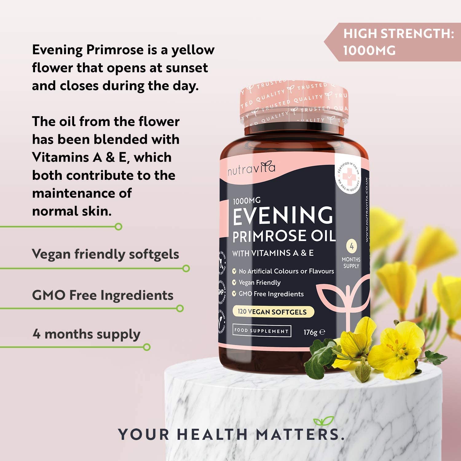 Vegan Cold Pressed Premium Evening Primrose Oil 1000mg - 120 High Strength Capsules - Rich Source of Omega 6 & GLA with Vitamin A & Vitamin E - Maintenance of Normal Skin - Made by Nutravita - Image 9