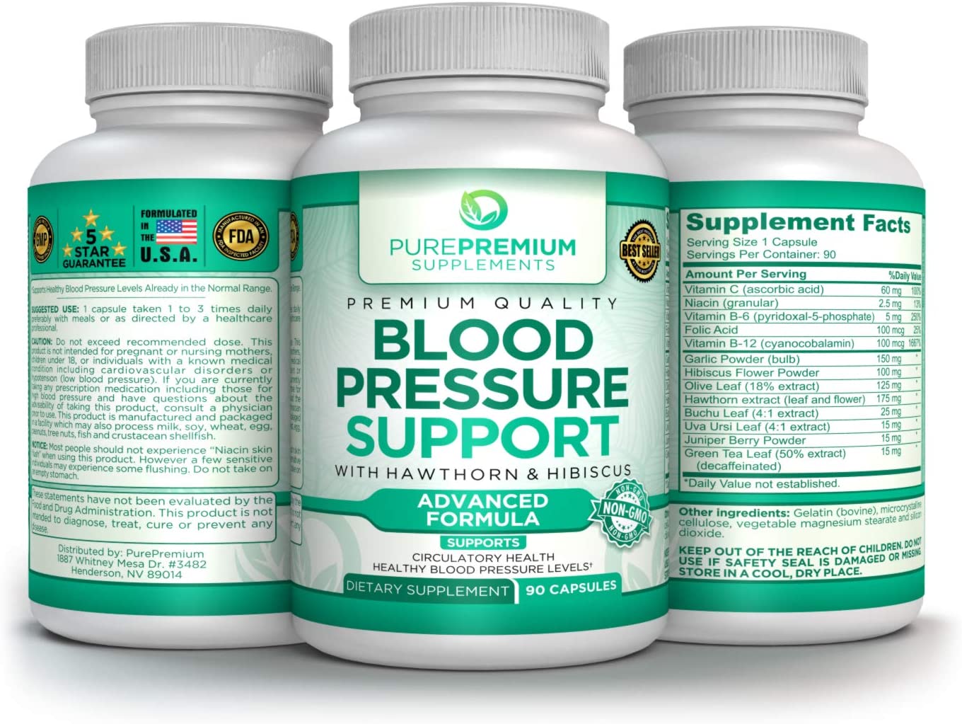 PurePremium Blood Pressure Support with Hawthorn & Hibiscus - for Cardiovascular & Circulatory Health - 90 Capsules<br/>مكمل داعم لضغط الدم مع الزعرور والكركديه _ مضاد طبيعى لإرتفاع ضغط الدم ، و لصحة القلب والأوعية الدموية والدورة الدموية ، 90 كبسولة - Image 3