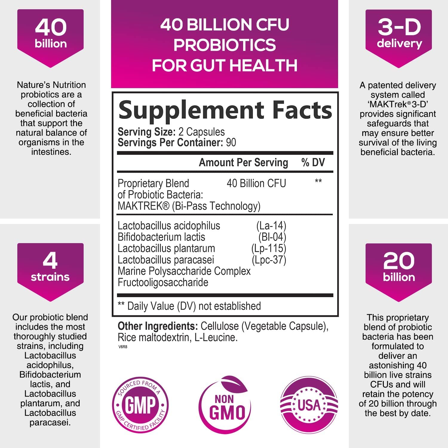 Nature's Nutrition Probiotic 40 Billion CFU - 15x More Effective with Targeted Release Lactobacillus Acidophilus - 180 Capsules ناتشرالز نيتريشن بروبيوتيك 40 مليار وحدة دولية لصحة الجهاز الهضمى والجهاز المناعى 180 كبسولة - Image 3