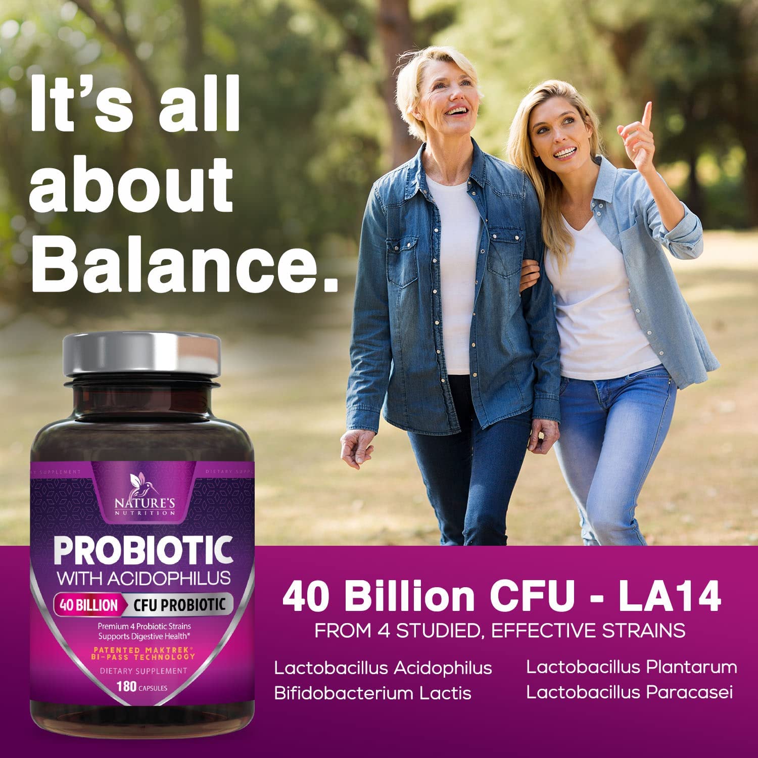 Nature's Nutrition Probiotic 40 Billion CFU - 15x More Effective with Targeted Release Lactobacillus Acidophilus - 180 Capsules ناتشرالز نيتريشن بروبيوتيك 40 مليار وحدة دولية لصحة الجهاز الهضمى والجهاز المناعى 180 كبسولة - Image 2