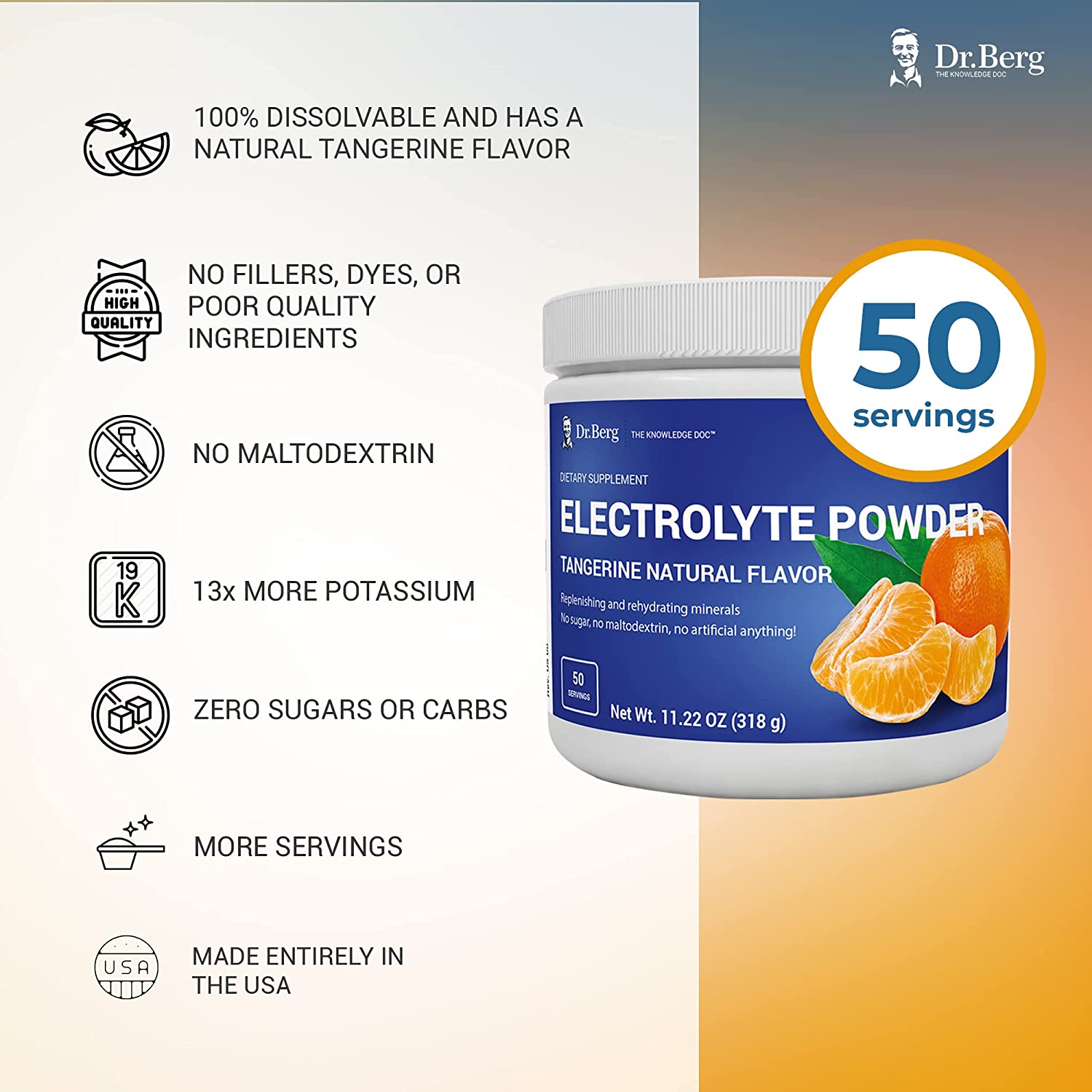 Dr. Berg's Electrolyte Powder, High Energy, Replenish & Rejuvenate Your Cells, 50 Servings دكتور بيرج، مسحوق الألكتروليت الأصلى، الغنى بالعناصر المعدنية لزيادة إنتاج الطاقة و حفظ توازن العناصر فى الخلايا ،بطعم اليوسفى الطبيعى العضوى الرائع، 50جرعة - Image 3