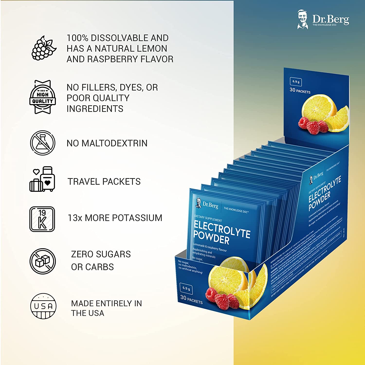 Dr. Berg's Electrolyte Powder Packets - Travel Size Hydration Drink Mix Supplement -13x Potassium - Boost Energy & Keto-Friendly - NO Maltodextrin, Sugar & Carb-Free - Raspberry Lemon Flavor 30 Countsدكتور بيرج ، مسحوق الالكتروليت ، لتوليد الطاقة وتجديد الخلايا ، بطعم الليمون والراسبيرى الطبيعى، 30 جرعة - Image 3