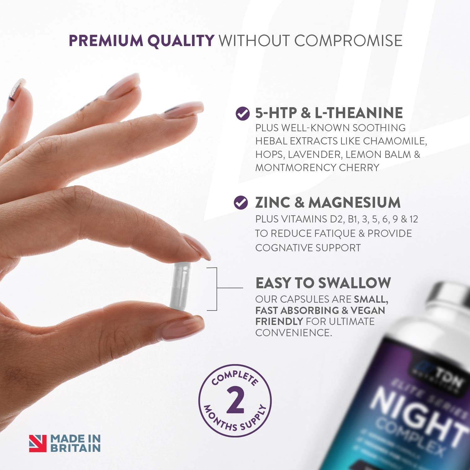 Natural Sleep Aid Supplement with Melatonin & 5-HTP | TDN Night Complex | 120 Capsules - Image 6