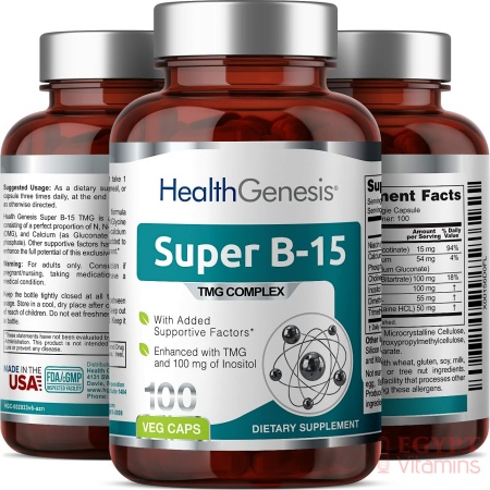 Health Genesis Super B-15 100 Vcaps – Niacin Calcium Choline Inositol DMG TMG – Supports Healthy Oxygen Energy Levels