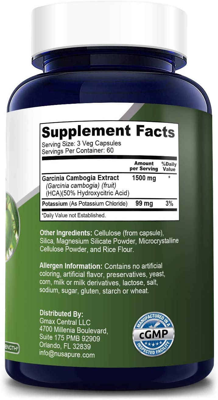 Nusapure Pure Garcinia Cambogia 180 Veggie Caps 1500mg (Vegetarian, Natural, Non-GMO & Gluten Free) نياسا بيور الجارسينيا كامبوجيا النقية 1500 مجم ، نباتى وطبيعى ، لفقدان الوزن ولدعم إنتاج الطاقة ، 180 كبسولة نباتية - Image 4