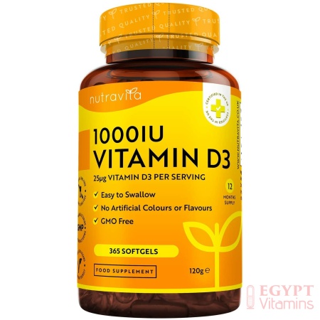 Nutravita Vitamin D3-1000 IU (25mcg) –For vitamin d3 deficiency- 365 Softgels فيتامين د3 1000 وحدة دولية ، لصحة الجهاز المناعى والعظام والأسنان والعضلات 365 سوفت جيل