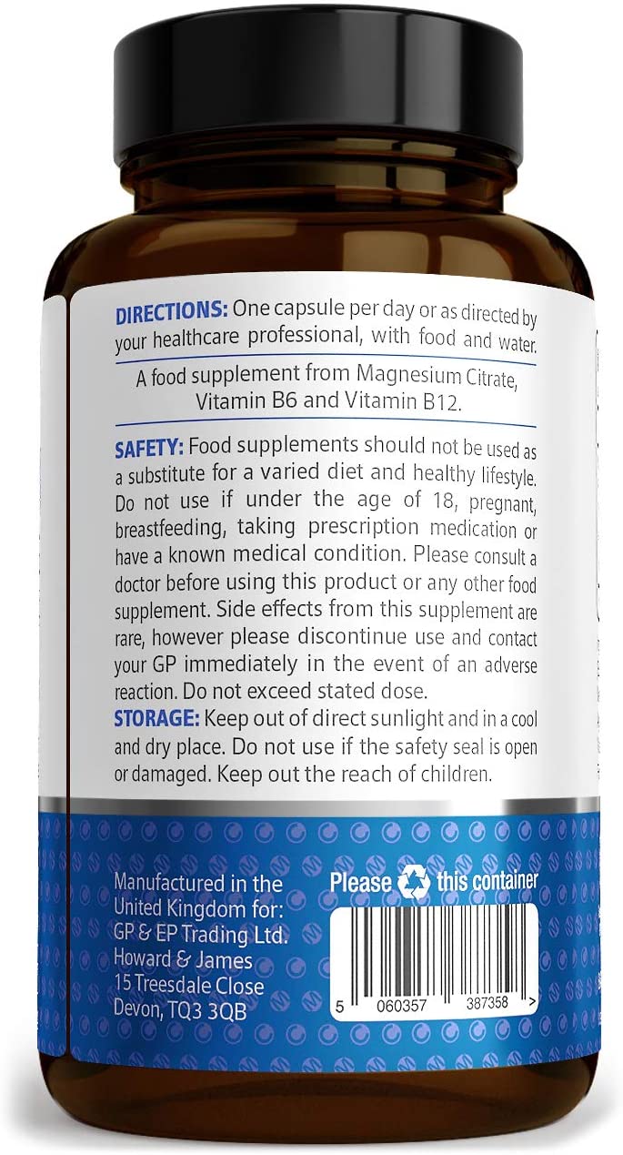 Howard & James Magnesium Citrate 400mg Plus Vitamin B6 & B12-120 Capsules