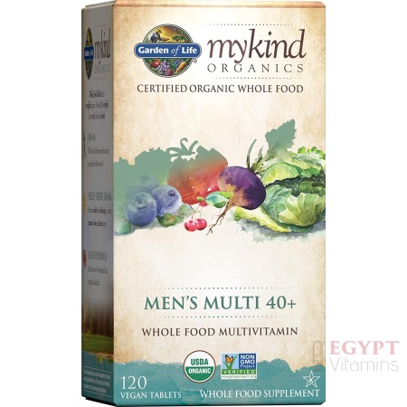 Garden of Life mykind Organics Whole Food Multivitamin for Men 40+ 120 Tablets جاردن اوف لايف، ماى كايند ، خليط مثالى من الفيتامينات والمعادن العضوية المتعددة للرجال فوق 40 عام ، لزيادة إنتاج الطاقة و تحسين الصحة العامة، 120 حباية