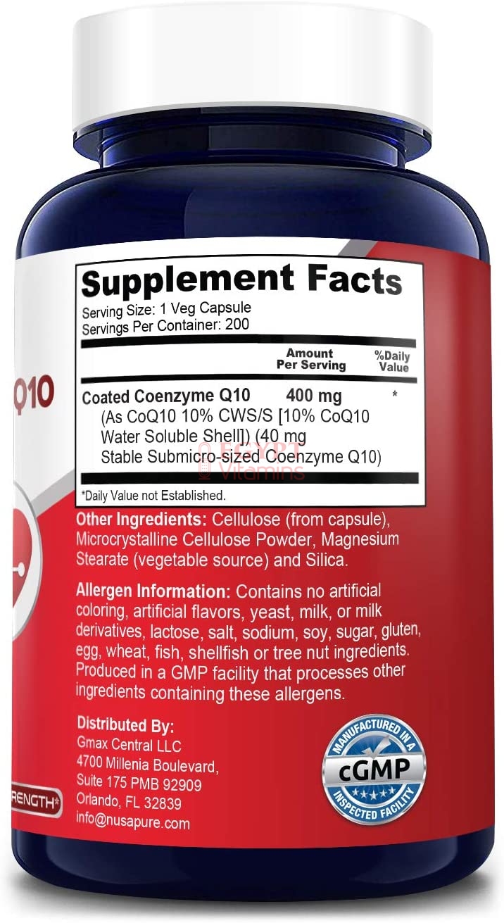Nusapure CoQ10 10% CWS 400 mg 200 Veggie Caps - Coenzyme Q10 Supplement Pills, Antioxidant CO Q-10 Enzyme, Coq 10 for Healthy Blood Pressure & Heart كيو 10 ، 400 مجم ، لصحة القلب وضغط الدم والمخ ، 200 كبسولة نباتية - Image 4