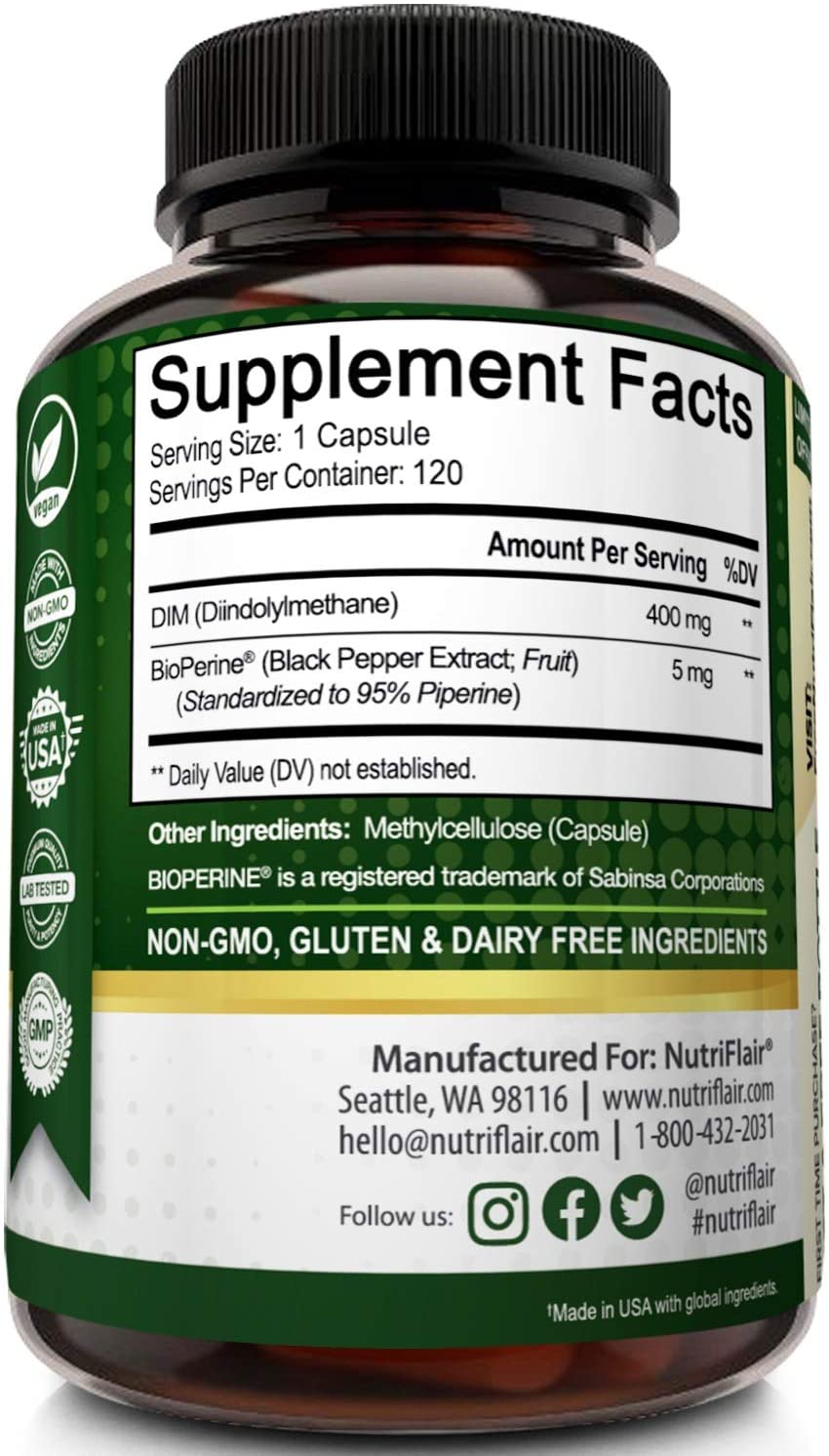 NutriFlair DIM Supplement 400mg with Bioperine, 120 Capsules - Diindolylmethane - Estrogen Metabolism Support & Hormone Balance, Menopause, PCOS, Acne and Skin Care for Men & Women - Compare to 300mg - Image 3