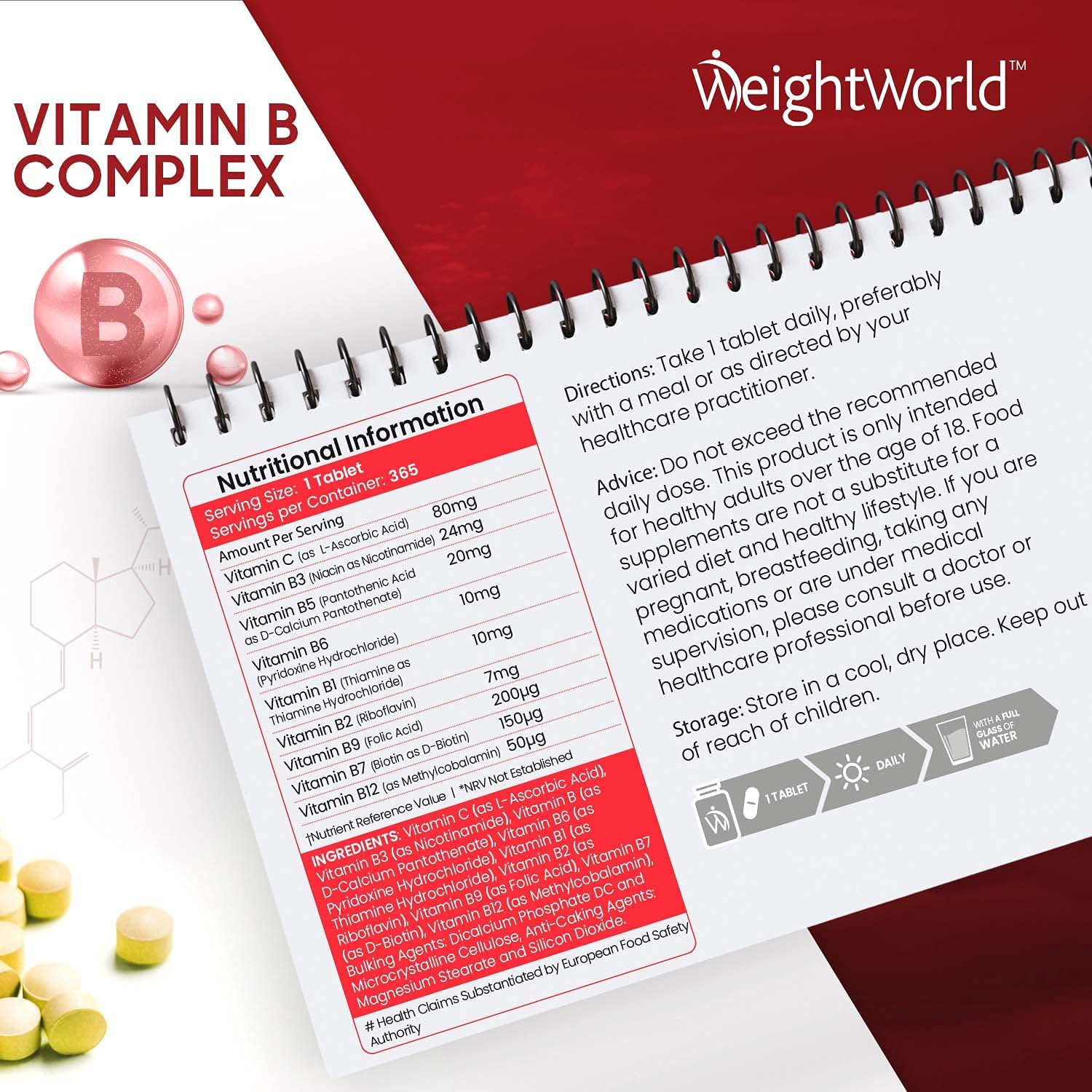 Weightworld Vitamin B Complex High Strength - 365 Vegan Multivitamin Tablets, 8 B Vitamins in 1 - Vitamin B12 , B1, B2, B3, B5, B6, Folic Acid, Biotin & Vitamin C - Gluten Free B Vitamin Complex, Made in UK - Image 2