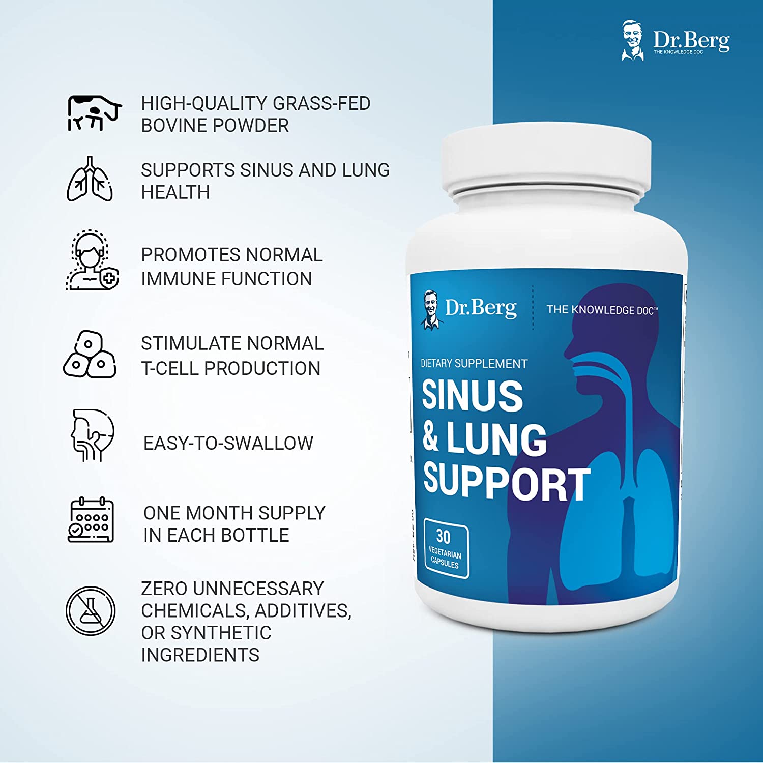 Dr. Berg's Sinus & Lung Support Supplement - Healthy Respiratory System, Sinus Relief and Lung Cleanse Formula with Lymphatic and Thymus Powders - Normal Sinus and Lung Function - 30 Capsules - Image 3