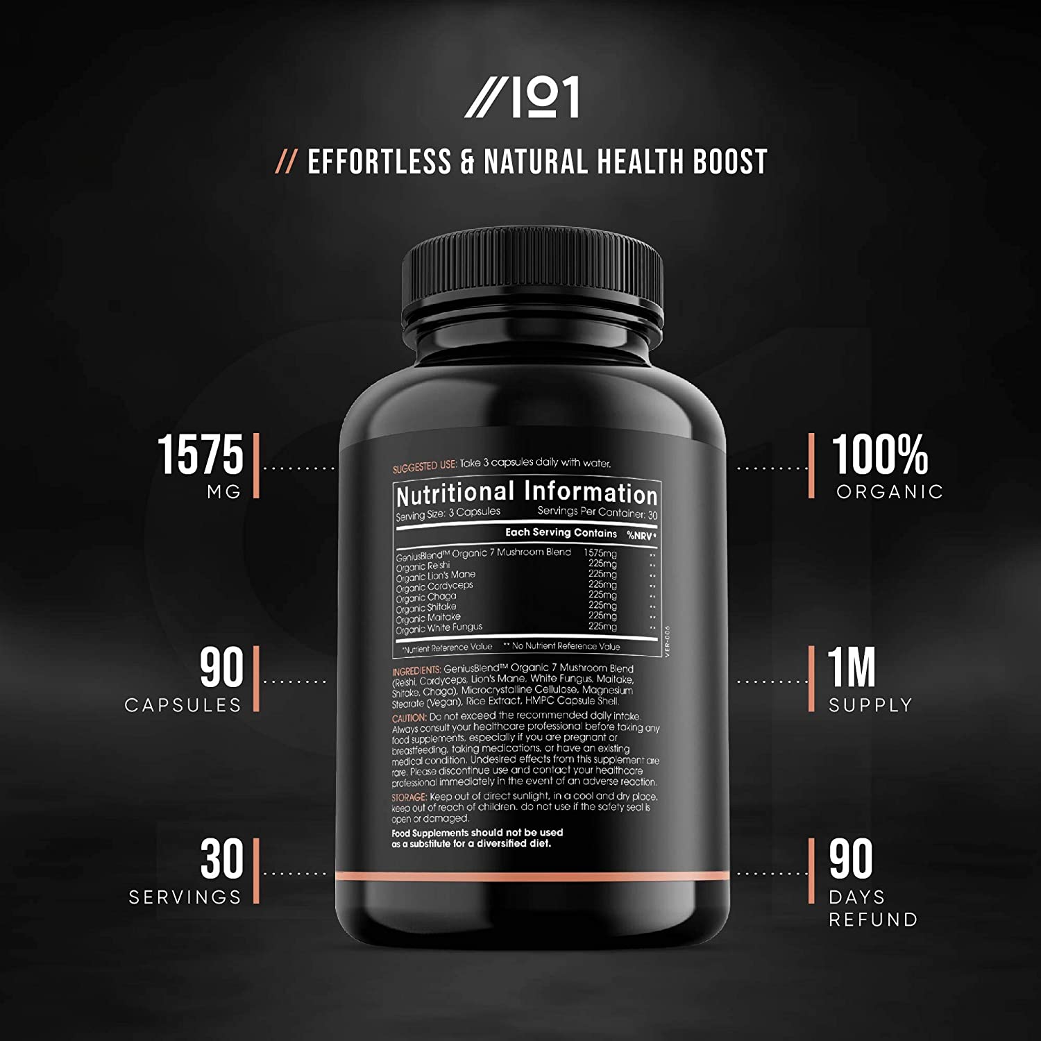 ALPHA01 Organic Seven Mushroom Complex Capsules - 1575mg - GeniusBlend® Synergistic Formula, 90 Vegan Capsules - No Additives — Non-GMO, Gluten Free خليط من سبع فطريات عيش الغراب العضوى 1575 مجم ، بدون إضافات ، 90 كبسولة نباتية - Image 4