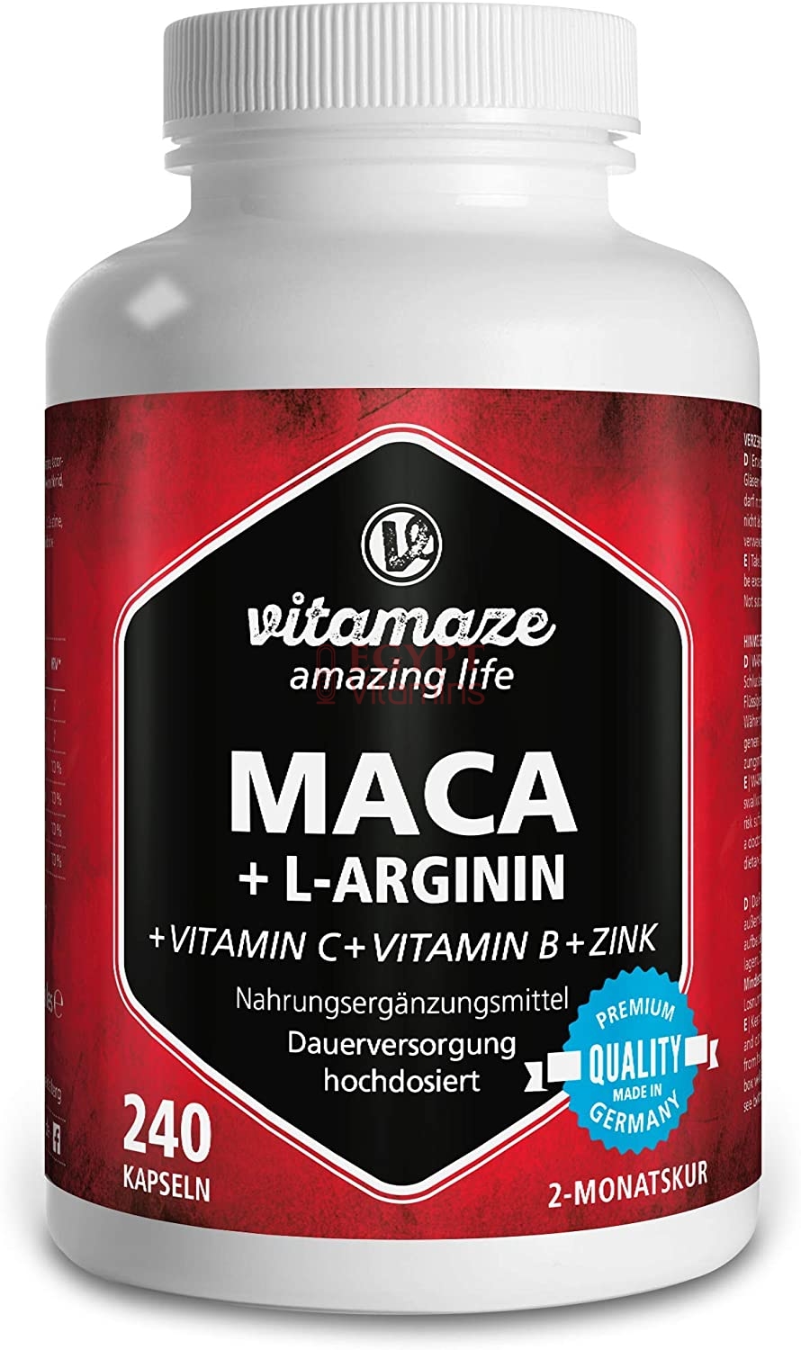Vitamaze Maca Capsules 4000 mg + L-Arginine 1800 mg + Zinc, 240 Capsulesماكا عالية الجرعة 4000 مجم + الارجينين 1800 مجم + الزنك ، 240 كبسولة