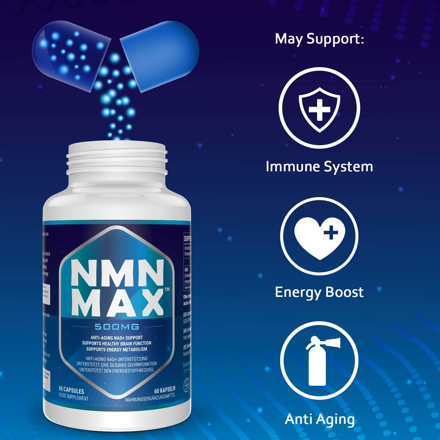 NMN 500mg Capsules, Nicotinamide Mononucleotide Anti Aging Supplements to Support Longevity and Cellular Energy for Men & Women(60 Count, Pack of 1)NMNتركيزه 500مجم للكبسولة مضاد للشيخوخة ولدعم الطول العمر والطاقة الخلويه 60 كبسولة - Image 4