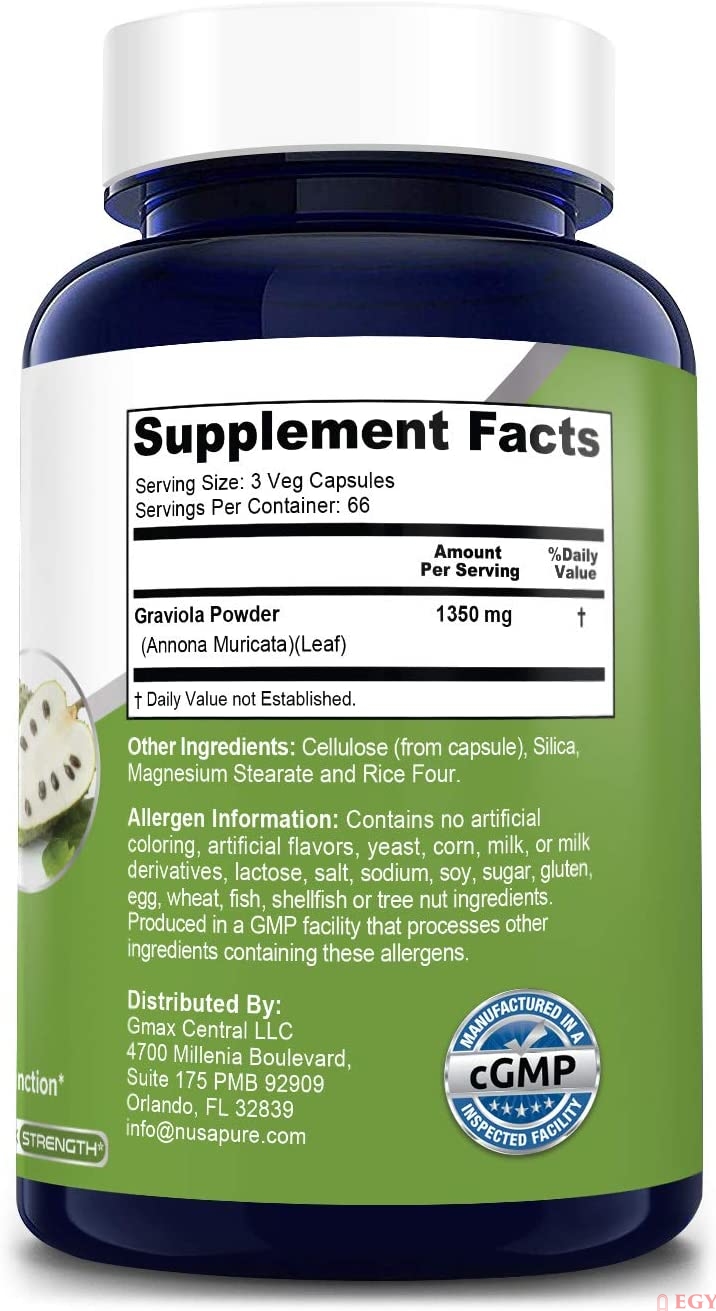Nusapure Graviola 1350mg 200 Veggie Caps - Soursop Supplement - Healthy Skin & Helps Promotes Cell Growth, Respiratory System, Balanced Mood جرافيولا 1350 مجم ، لصحة نمو الخلايا ، ولصحة الجلد والجهاز التنفسى ، ولتحسين المزاج ، 200 كبسولة النباتية - Image 5