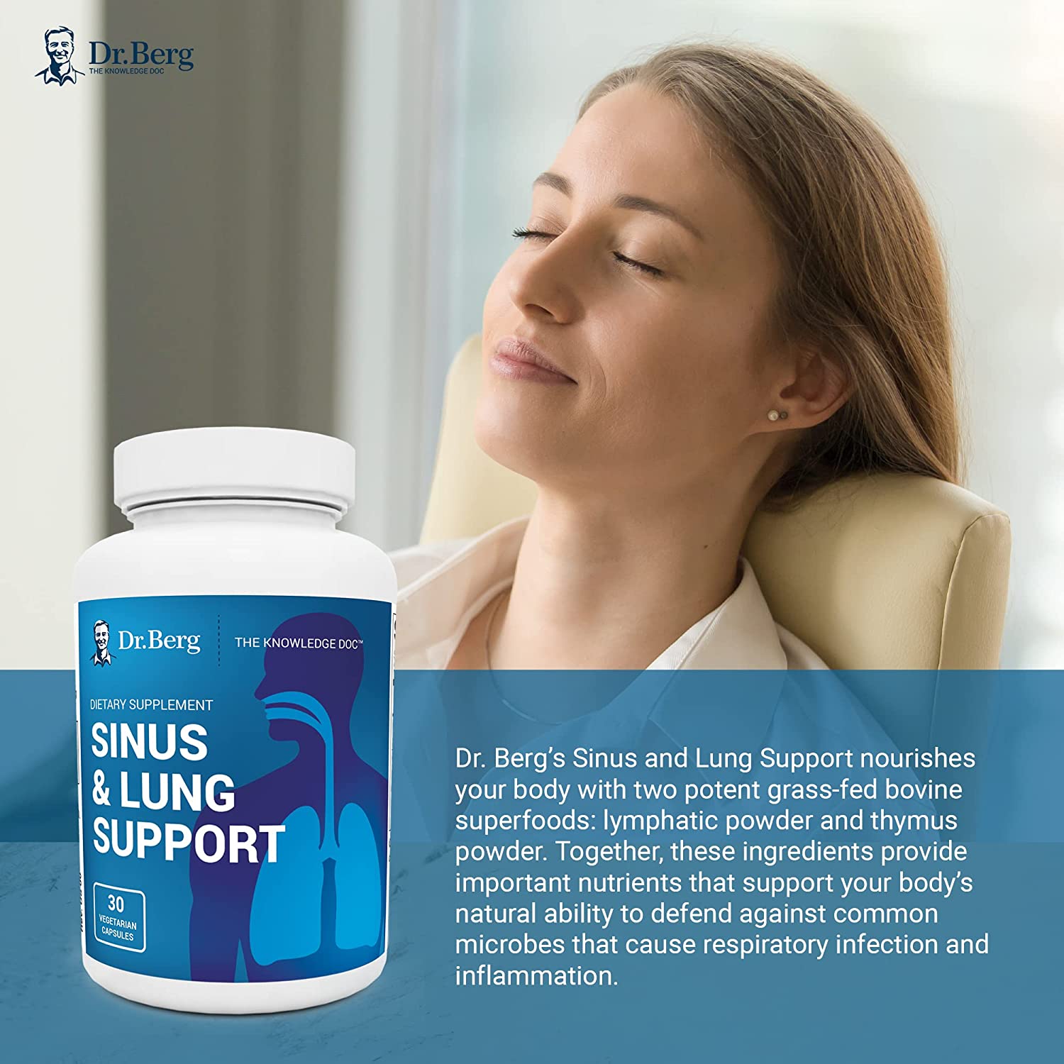 Dr. Berg's Sinus & Lung Support Supplement - Healthy Respiratory System, Sinus Relief and Lung Cleanse Formula with Lymphatic and Thymus Powders - Normal Sinus and Lung Function - 30 Capsules - Image 2