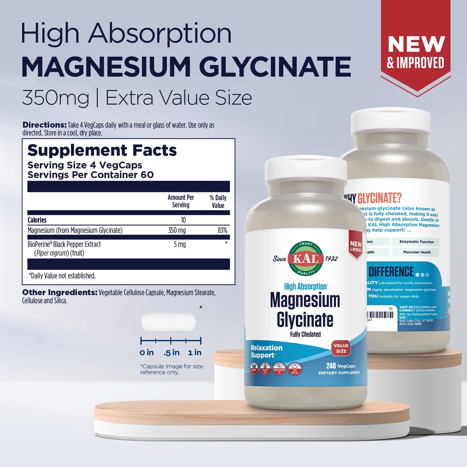 ingredients of KAL Magnesium Glycinate, New Improved Fully Chelated High Absorption Formula with BioPerine, Bisglycinate Chelate for Stress, Relaxation, Muscle & Bone Health Support, 60 Servings, 240