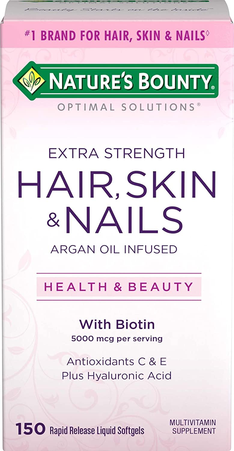 Nature's Bounty Optimal Solutions Hair, Skin & Nails Extra Strength, 150 Softgels أفضل حل للشعر والبشرة والأظافر ، قوة مضاعفة ، مع زيت الأرجان والبيوتين ، 150سوفت جل