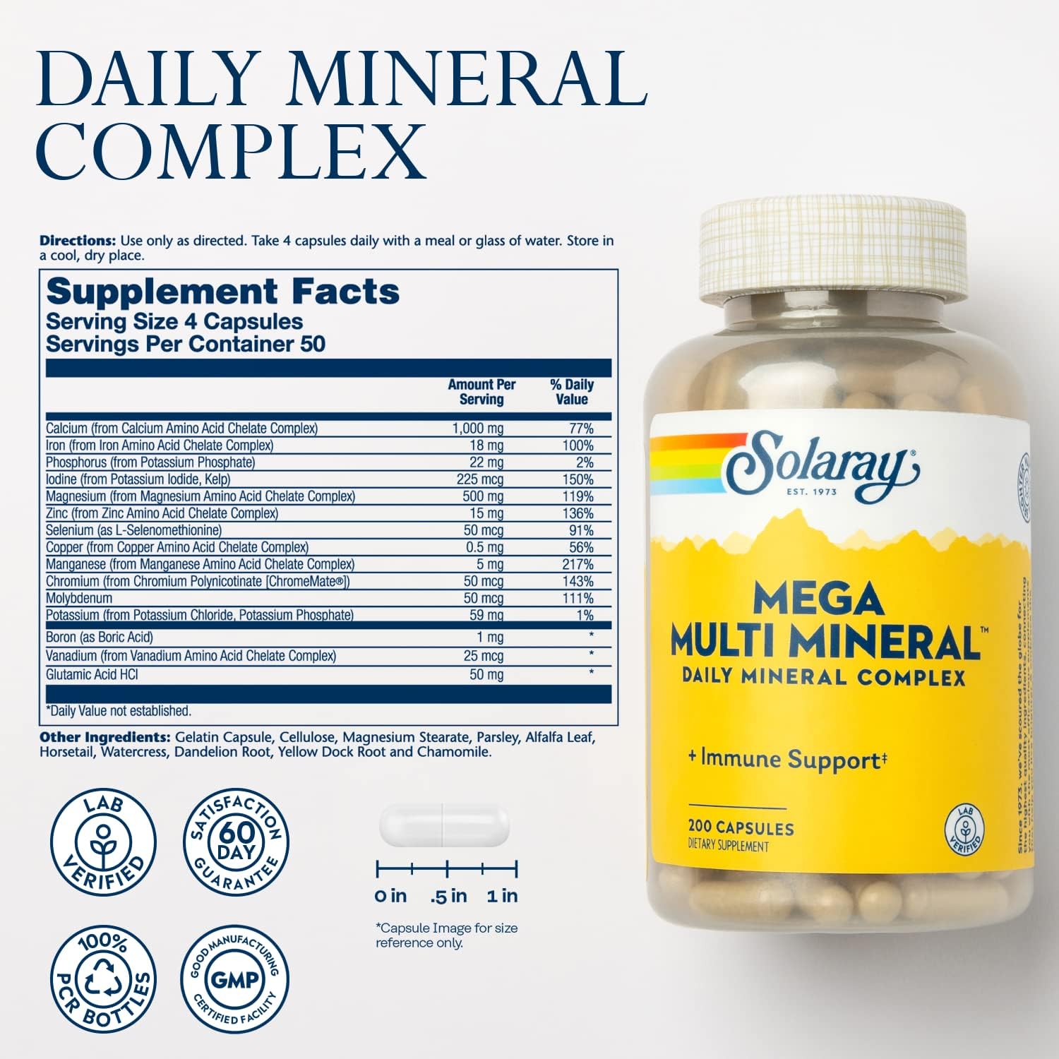 Solaray Mega Multi Mineral, Daily Mineral Complex with Calcium, Iron, Magnesium, Zinc, and More in Highly Absorbable Chelated Forms, Overall Health and Immune Support, 200 Capsulesخليط المعادن عالى الامتصاص يحتوى على مجموعة من العناصر والمعادن الاساسية الهامة لدعم الوظائف الحيوية ولدعم المناعة،200 كبسولة - Image 4
