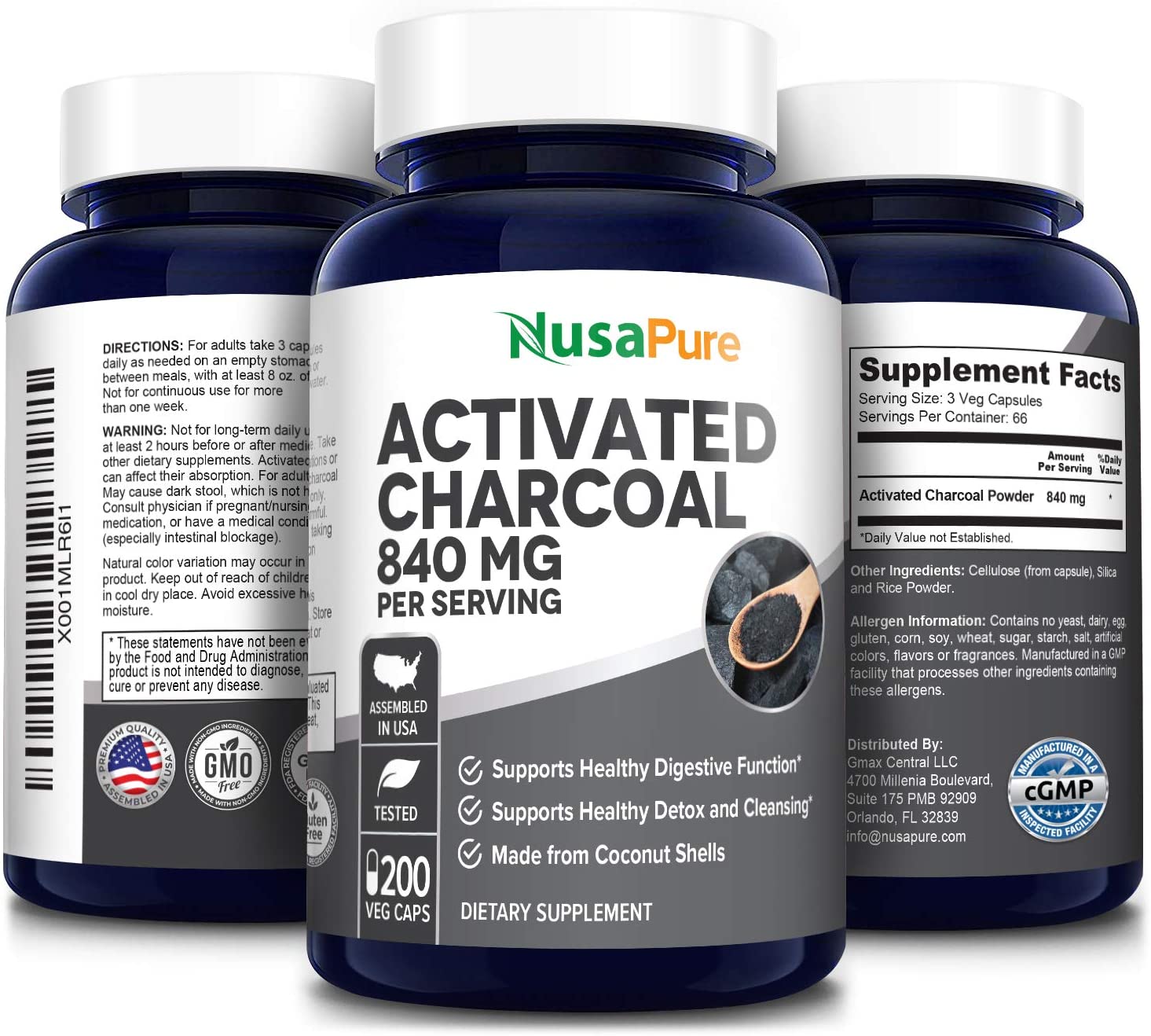 Nusapure Activated Charcoal 840 mg- Support for Healthy Digestion, 200 Capsules<br/>الفحم النشط 840 مجم ، مستخلص من قشور جوز الهند ، لصحة الجهاز الهضمى ،200 كبسولة نباتية - Image 4