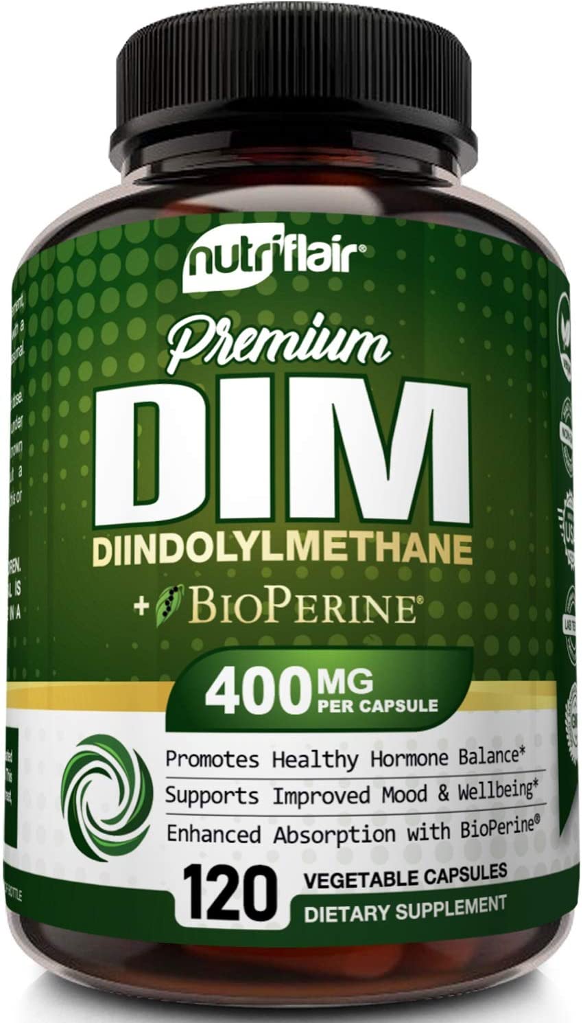 NutriFlair DIM Supplement 400mg with Bioperine, 120 Capsules - Diindolylmethane - Estrogen Metabolism Support & Hormone Balance, Menopause, PCOS, Acne and Skin Care for Men & Women - Compare to 300mg