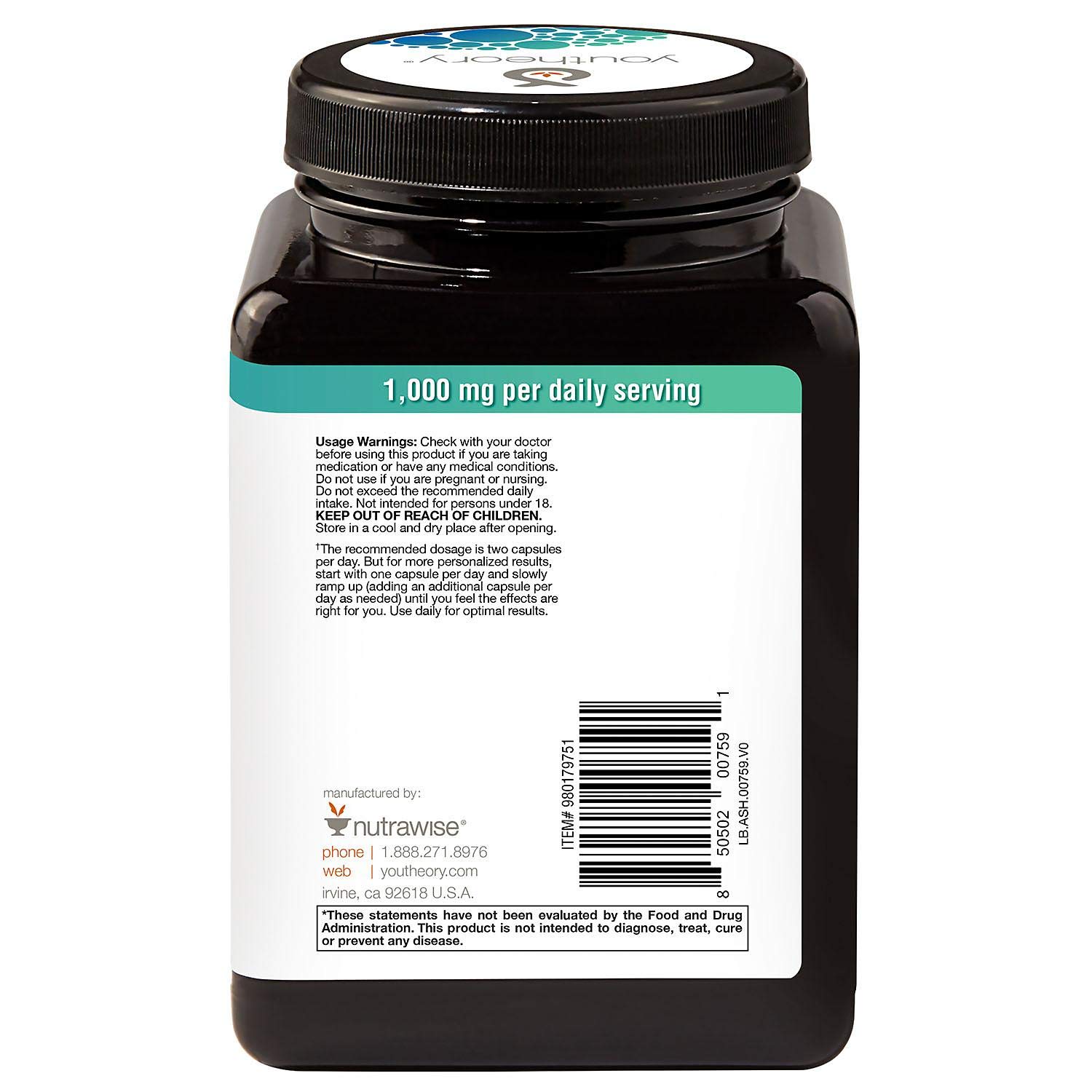 Youtheory Ashwagandha Vegetarian Capsules Net Wt 150 Count كبسولات الأشواجندا النباتية 1000 مجم 150 كبسولة نباتية - Image 4