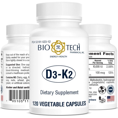 Bio-Tech Vitamin D3 and K2 – 10,000 IU D3 & 100 mcg K2 – 120 Veg Capsules