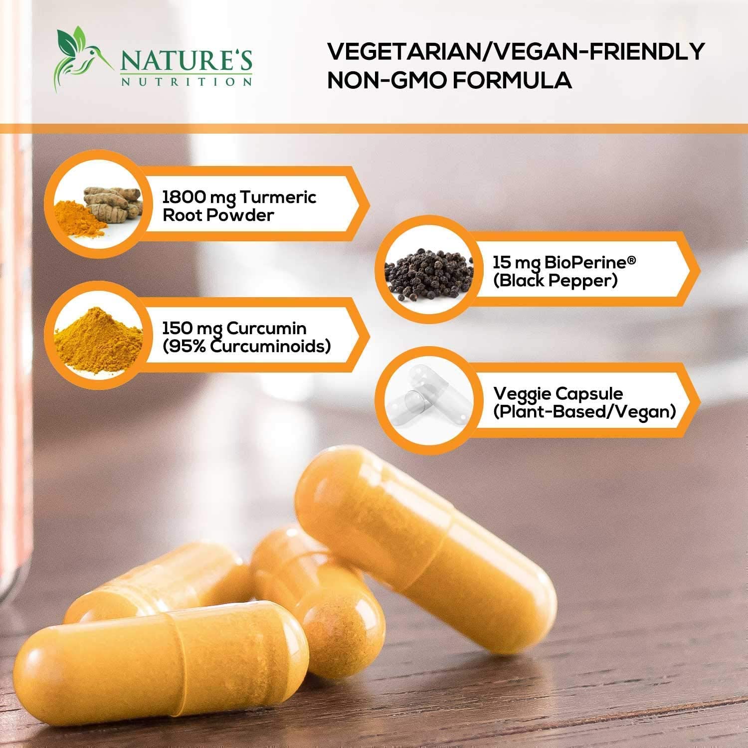 Nature's Nutrition Turmeric Curcumin with BioPerine - 240 Capsules