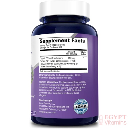 ingredients of Nusapure Vitex Chasteberry Fruit 9,000 mg, Support Hormonal Balance & PMS Symptoms, 200Capsules