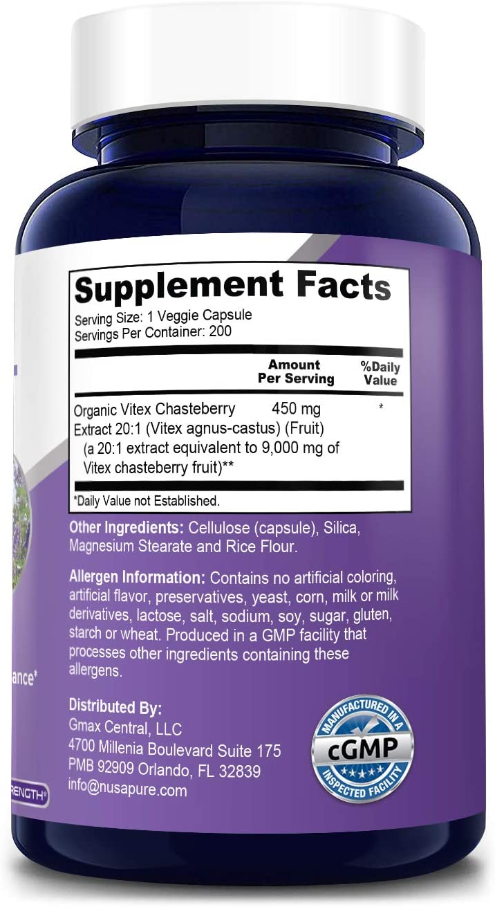 ingredients of Nusapure Vitex Chasteberry Fruit 9,000 mg, Support Hormonal Balance & PMS Symptoms, 200Capsules