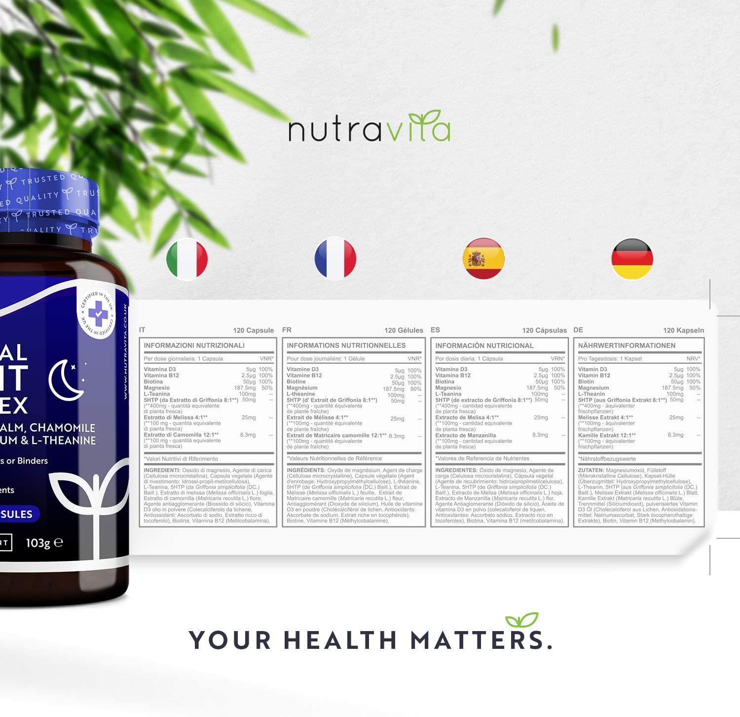 Nutravita Natural Night Complex– with Lemon Balm, Chamomile, 5HTP, Magnesium, Vitamin B12 –120 Capsules منتج طبيعي للنوم 120 كبسولة - Image 4