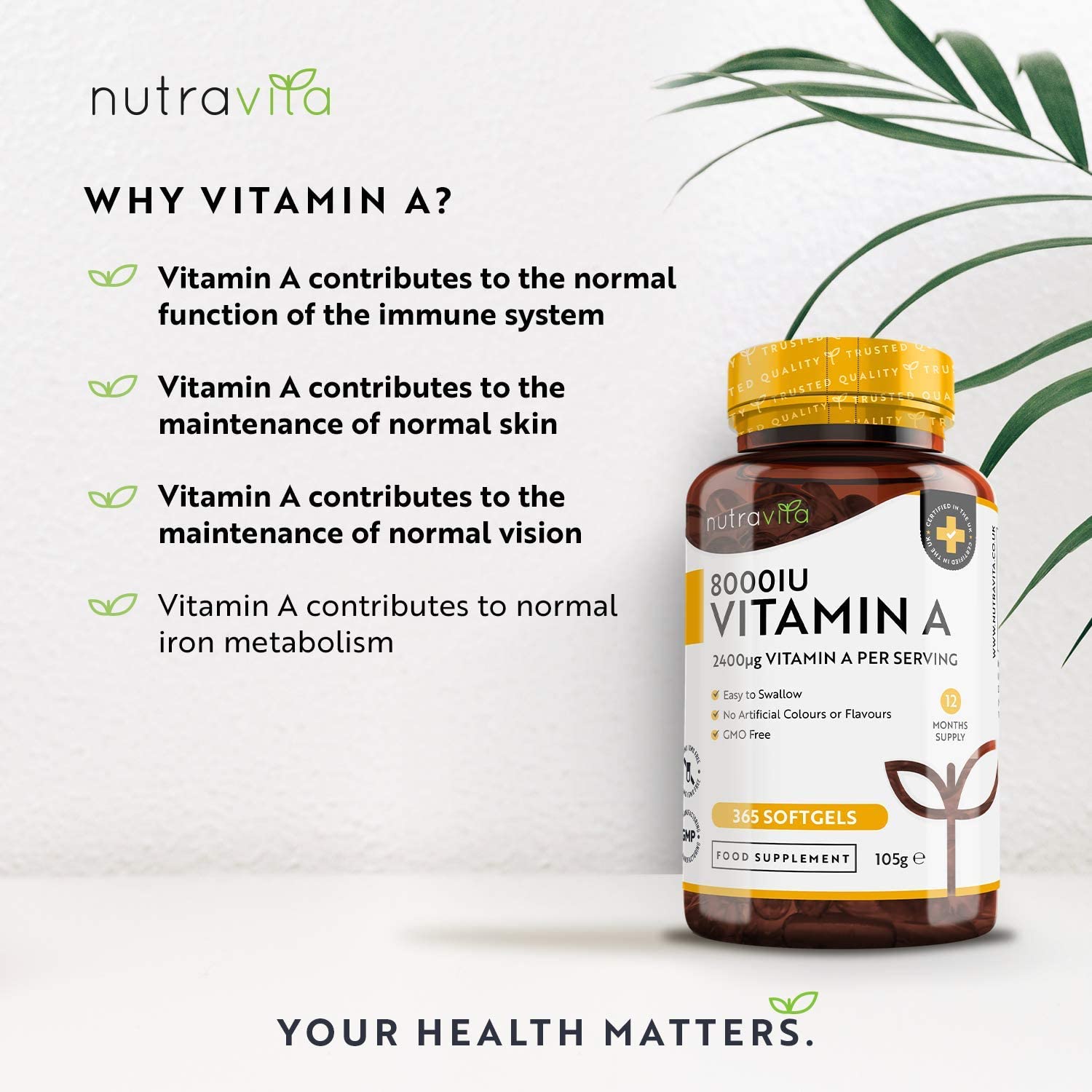 Nutravita Vitamin A 8000IU – Maintenance of The Immune System, Normal Vision and Skin – 2400 μg of Vitamin A per Softgel Capsule – 365 Softgel Capsules نيوترافيتا فيتامين ا 8000 وحده دوليه ، لصحة الجهاز المناعى والرؤية والجلد، 365 كبسولة - Image 3