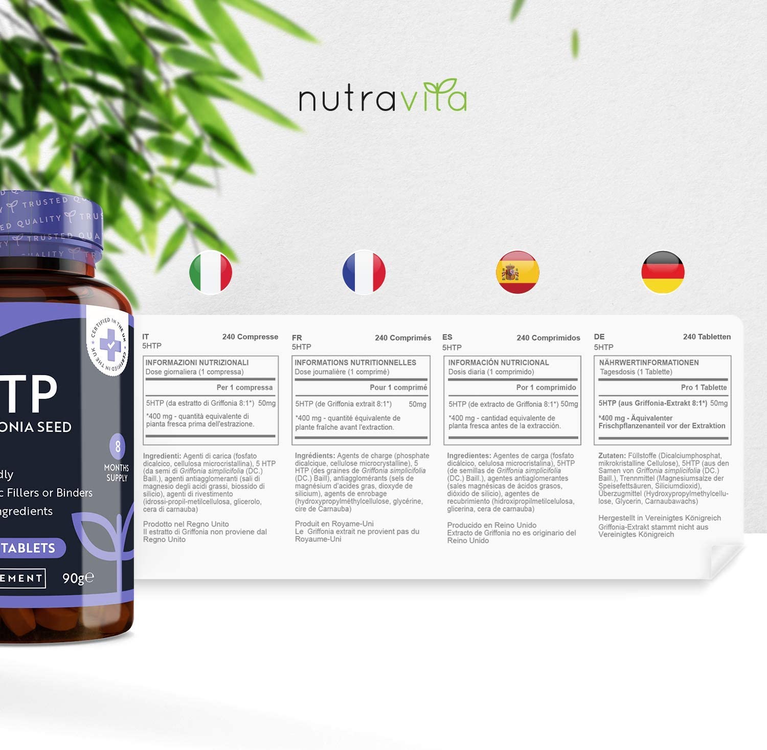Nutravita 5HTP 400mg Griffonia Seed Extract – 240 Vegan Tablets Maximum Strength 5-HTPمستخلص من بذور الجريفونيا 400 مجم ، 240حباية نباتية - Image 4