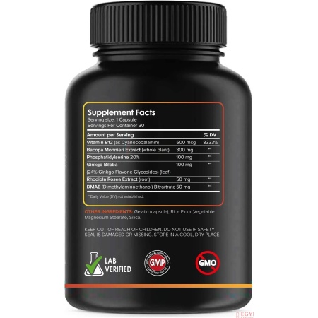 ingredients of Vital Vitamins Brain Booster 30 Capsules – Enhance Focus, Boost Concentration, Improve Memory & Clarity For Men & Women, Ginkgo Biloba, DMAE, Mind Enhancement, IQ Neuro Energy, Vitamin B12, Bacopa Monnieri