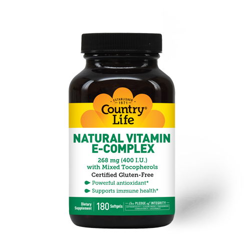 Country Life - Natural Vitamin E-Complex - 400 IU with Mixed Tocopherols - 180 Softgels كانترى لايف فيتامين ه مركب 400 وحدة دولية ، 180 سوفت جل