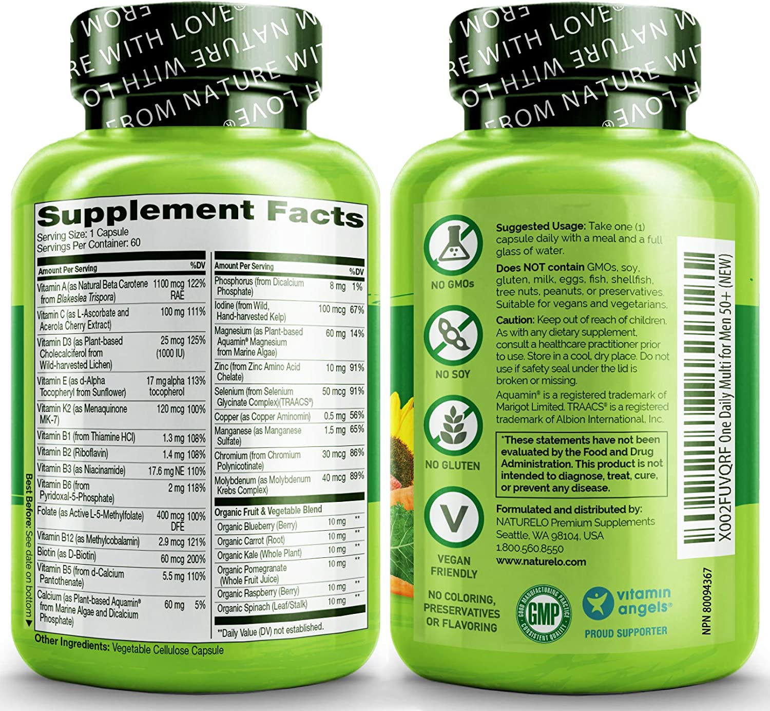NATURELO One Daily Multivitamin for Men 50+ with Whole Food Vitamins -Boost Energy -60 Capsules <br/> ناتشريلو ، وان ديلى فيتامينات متعددة للرجال فوق 50 عام ، مكمل غذائى كامل لزيادة إنتاج الطاقة و لتحسين الصحة العامة ، 60 كبسولة نباتية - Image 2