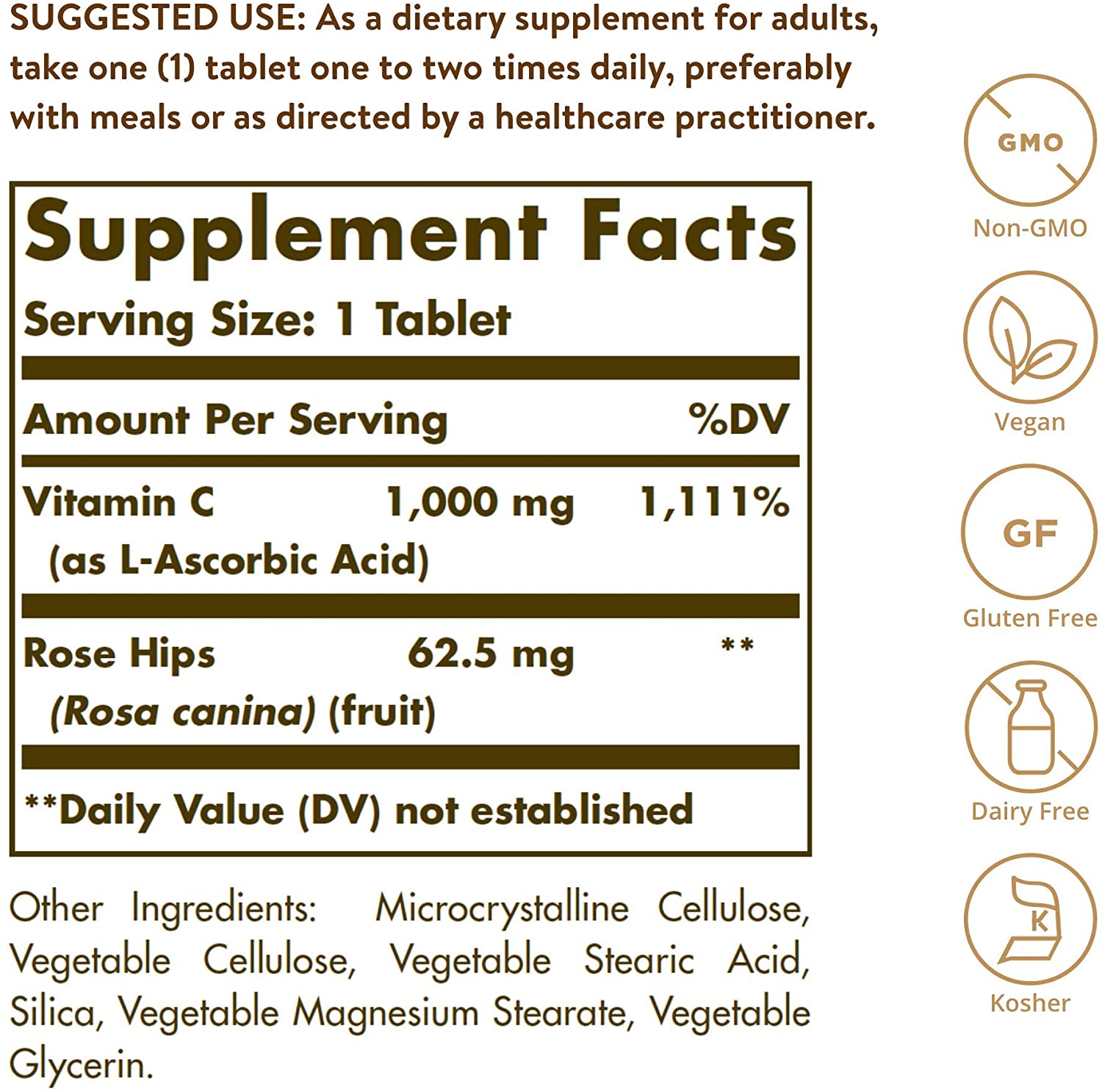 Solgar Vitamin C 1000 mg with Rose Hips, 250 Tablets